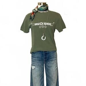 NEW LEMON LORRAINE'S women's ranch hand graphic short sleeve tee in faded olive